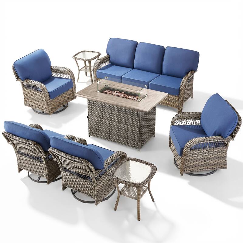 Pocassy Patio Sofa Ottoman Swivel Chair Table with Fire Table Set.