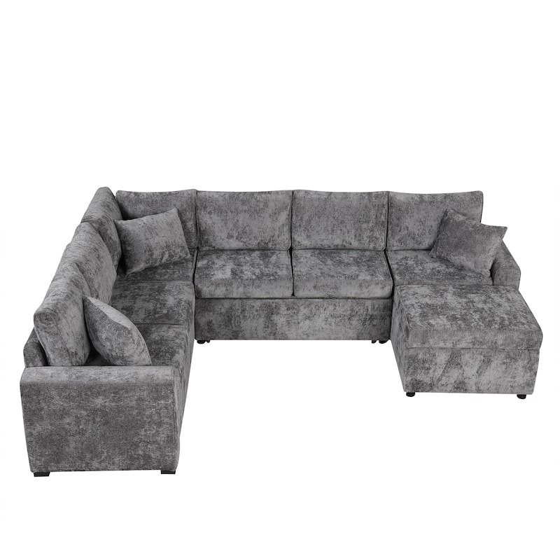 112.2" L-Shaped 6-Seat Sectional Sofa with Pull-Out Bed, Storage Ottoman, 3 Back Pillows, and USB Charging Ports