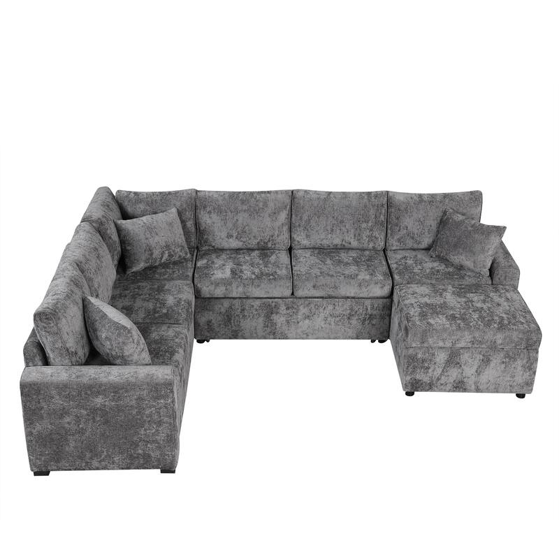 112.2" Sectional Sofa Pull-out Sofa Bed Sleeper with a Storage Ottoman,Three Pillows and Charging Devices for Living Room, Cream