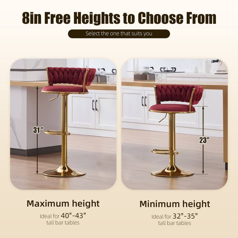 HOMEFUN Velvet Adjustable Height Swivel Armless Bar Stools With Golden Footrest(set of 2)