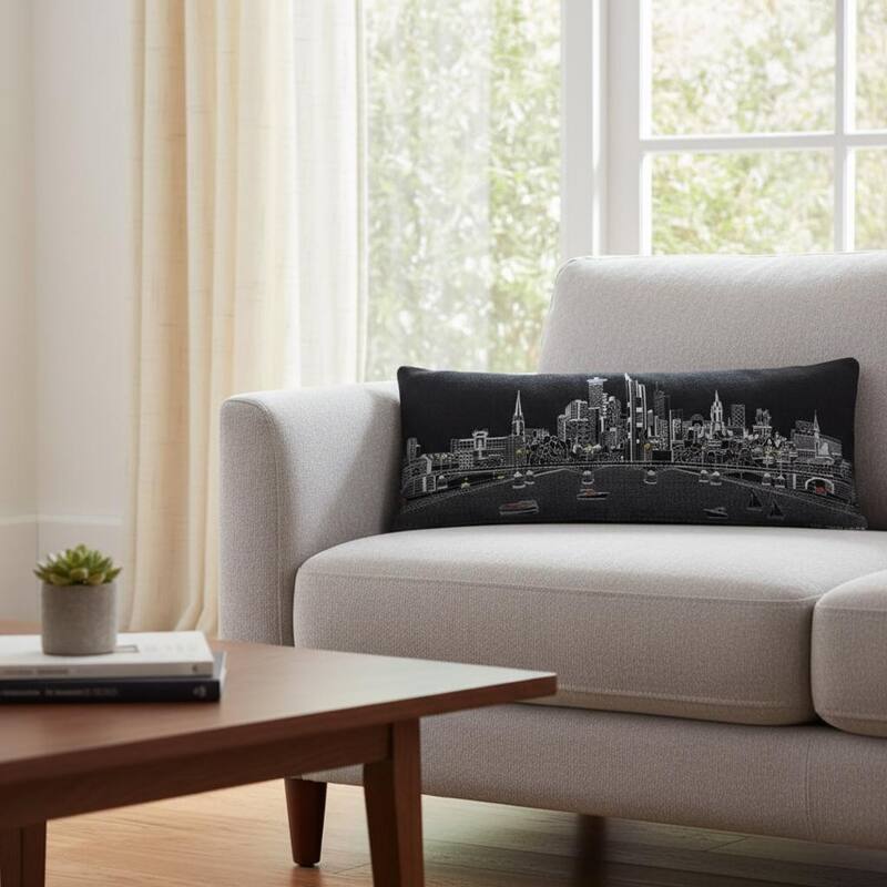 HomeRoots 14" X 35" Dark Gray And White Frankfurt Nighttime Skyline Lumbar Decorative Pillow