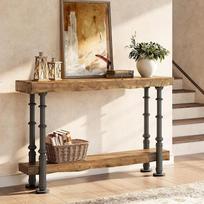 Solid Wood Console Table for Entryway, 55-Inch Long Industrial Sofa Table with Shelf