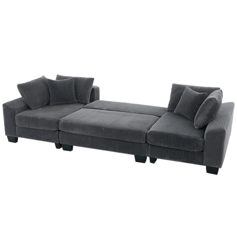114" Corduroy U-Shaped Sleeper Sofa with Pull-Out Bed, 4 Back Cushions and 2 Throw Pillows