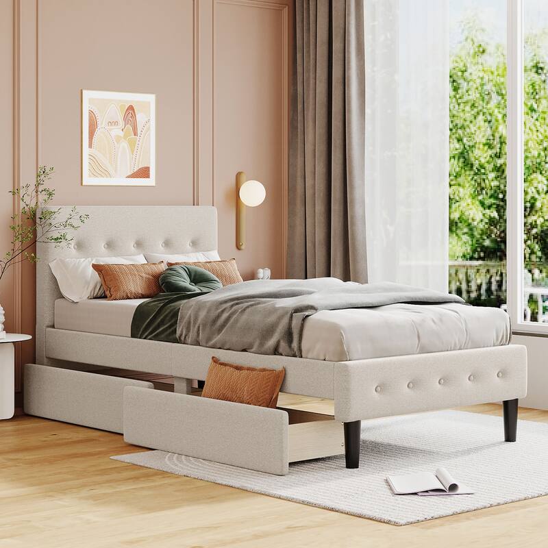 Twin Size Tufted Linen Upholstered Platform Bed with 2 Drawers - Beige