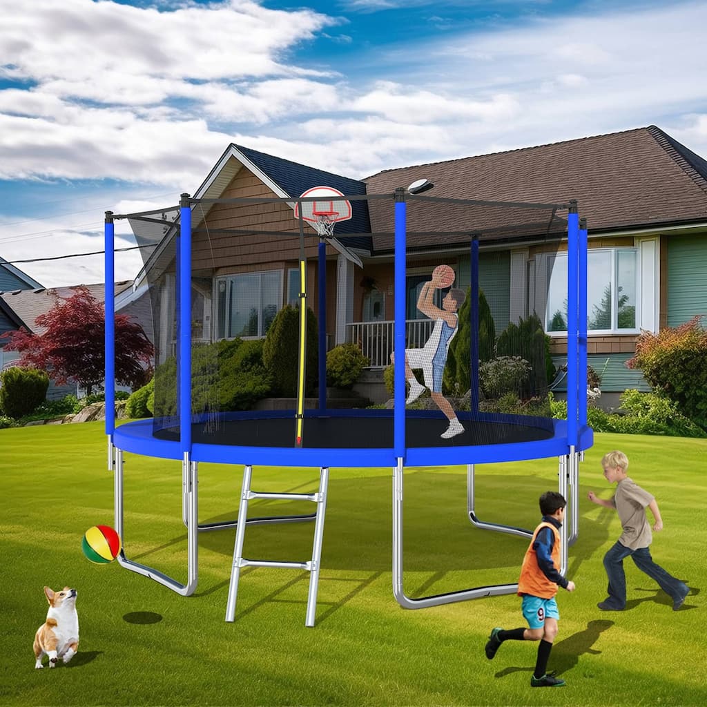 Outdoor Kids Trampoline with Basketball Hoop and Ladder, with Safety Enclosure for Backyard Fun