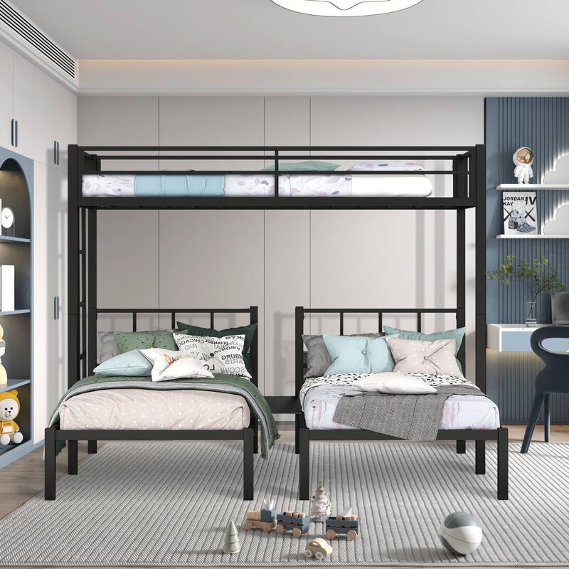 Triple Twin Bunk Bed Metal Frame Convertible to 3 Separate Beds - Black