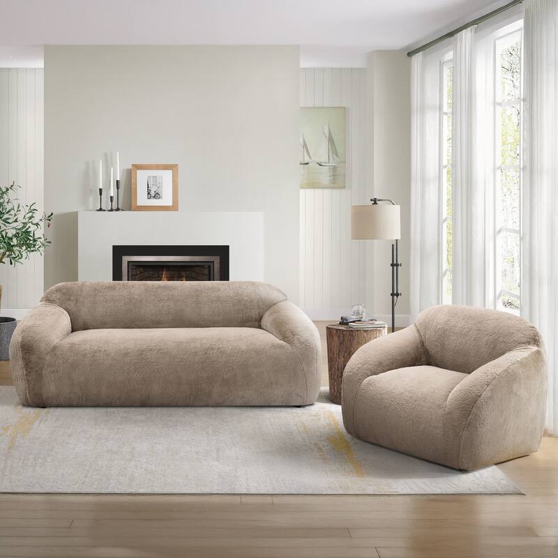 Roundhill Furniture Adell Polar Bear 2-Piece Living Room Set, Sofa and Swivel Chair - Camel Brown