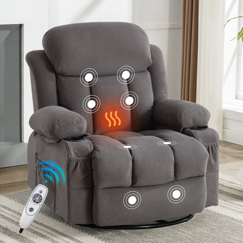 Swinging Recliner Massage Heated Sofa, With Usb And 2 Cup Holders In Side Pockets - Grey