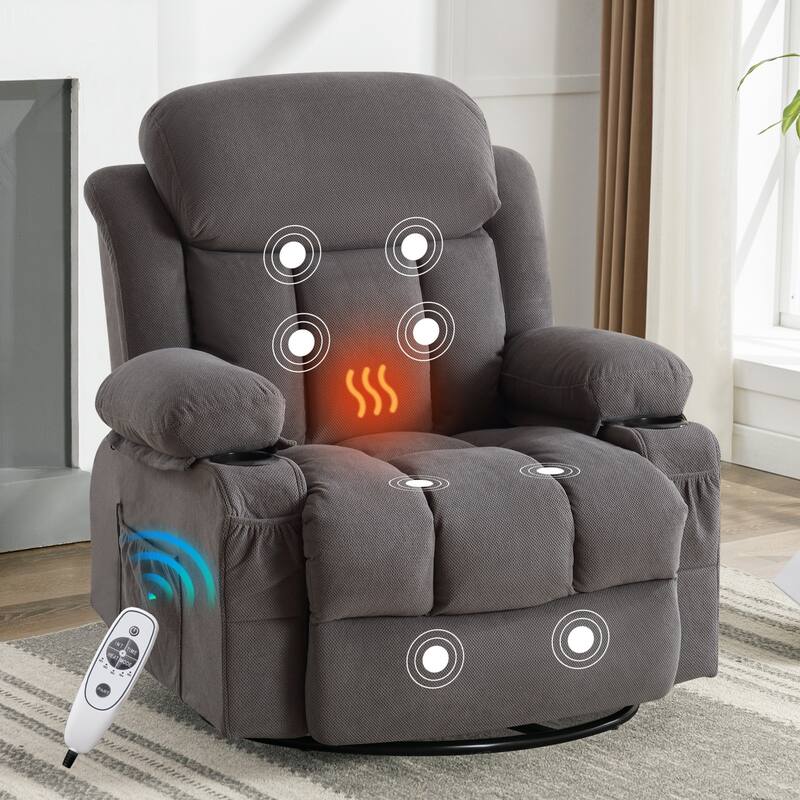Velvet Massage Heated Sofa with USB and 2 cup Holders, 360° Swivel Chair with Side Pockets and Bread Shaped Armrest - Grey