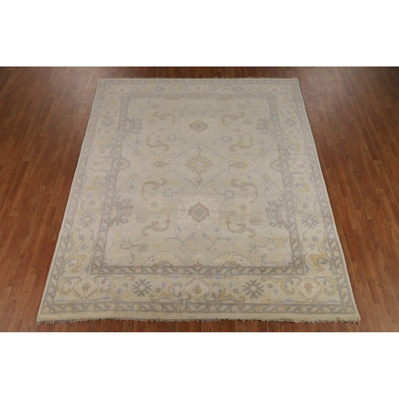 Earth Tone Oushak Indian Rug Hand-Knotted Transitional Wool Carpet - 8'0"x 9'5"