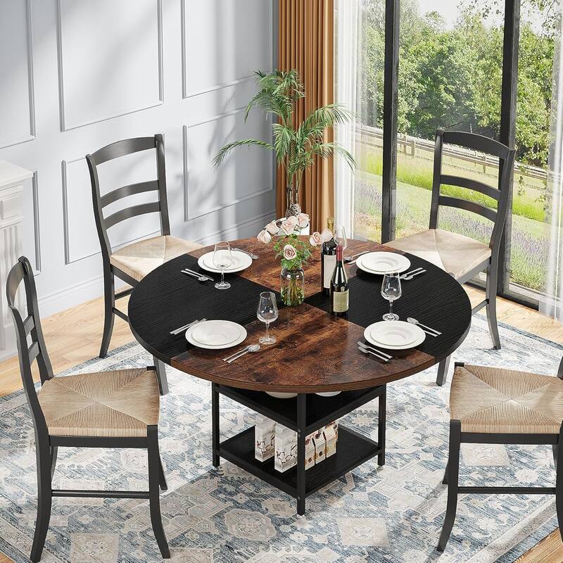 47-Inch Round Wood Dining Table for 4 With Storage Shelf Large Kitchen Table for Home Dining/Living Room