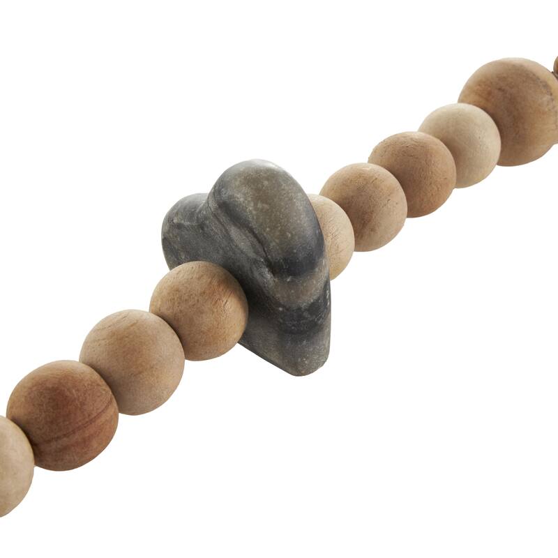 Brown Mango Wood Handmade Round Double Layered Long Carved Beaded Garland with Tassel with Black and Cream Accents