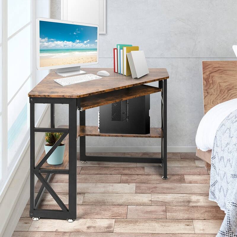 L-Shaped Corner Desk Computer Table with Shelves Brown