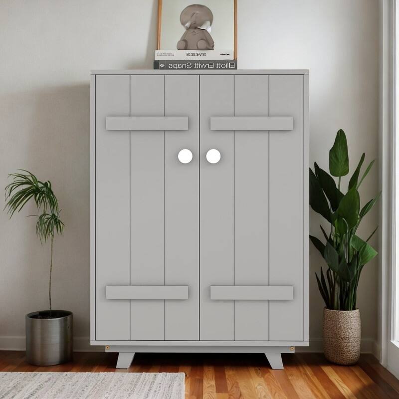 Wood Wardrobe Cabinet with Hanging Rod, Storage Armoires with Doors(Gray)