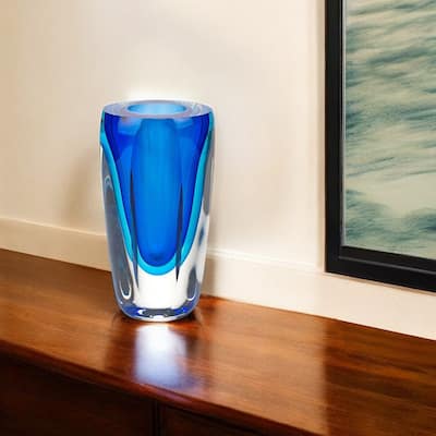 HomeRoots 6" Blue And Clear Cylinder Crystal Glass Table Vase