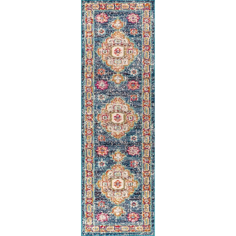 JONATHAN Y Boho FLAIR Medallion Area Rug - 2 X 8 - Navy/Red