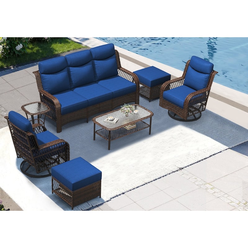 High Back Outdoor Swivel Rocker Patio Chairs Set of 2 with 5-Inch Thick Cushions and Side Table for Porch, Poolside - 7PCS - Swivel Gliders & 3-Seat Sofa