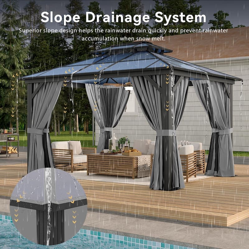 Hardtop Gazebo, Aluminum Frame Permanent Pavilion with Curtains and Netting