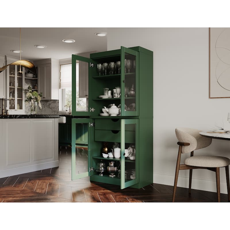 Palace Imports 100% Solid Wood Pantry Cabinet with Frosted, Clear Glass or Solid Doors, 2-Drawers and Adjustable Shelves