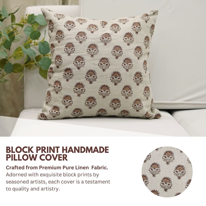 Fabdivine 12x20 Handmade Pure Linen Cushion Cover Floral Mustard Ideal for Sofa, Floral Block Print, Accent Décor, Bagru Buti