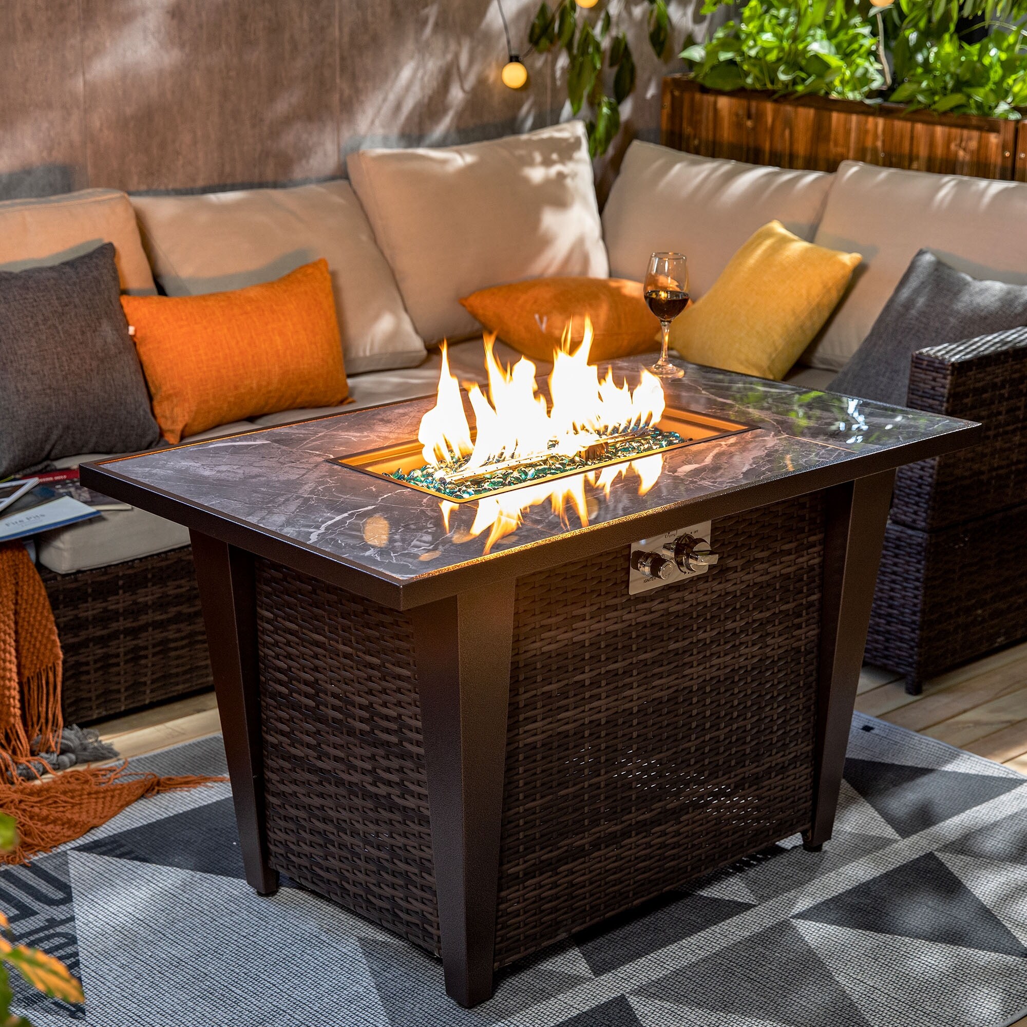 42inch Rattan Fire Pit Table with Ceramic Tile Tabletop, Glass