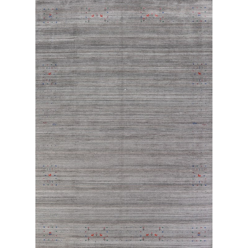 Hand Knotted Oriental 100% Wool Carpet Tribal Stripe Greys & Charcoal Gabbeh Area Rug - 12' 0'' X 9' 0''