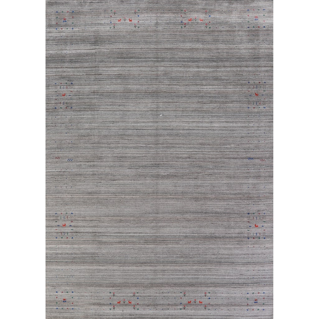 Hand Knotted Oriental 100% Wool Carpet Tribal Stripe Greys & Charcoal Gabbeh Area Rug - 12' 0'' X 9' 0''