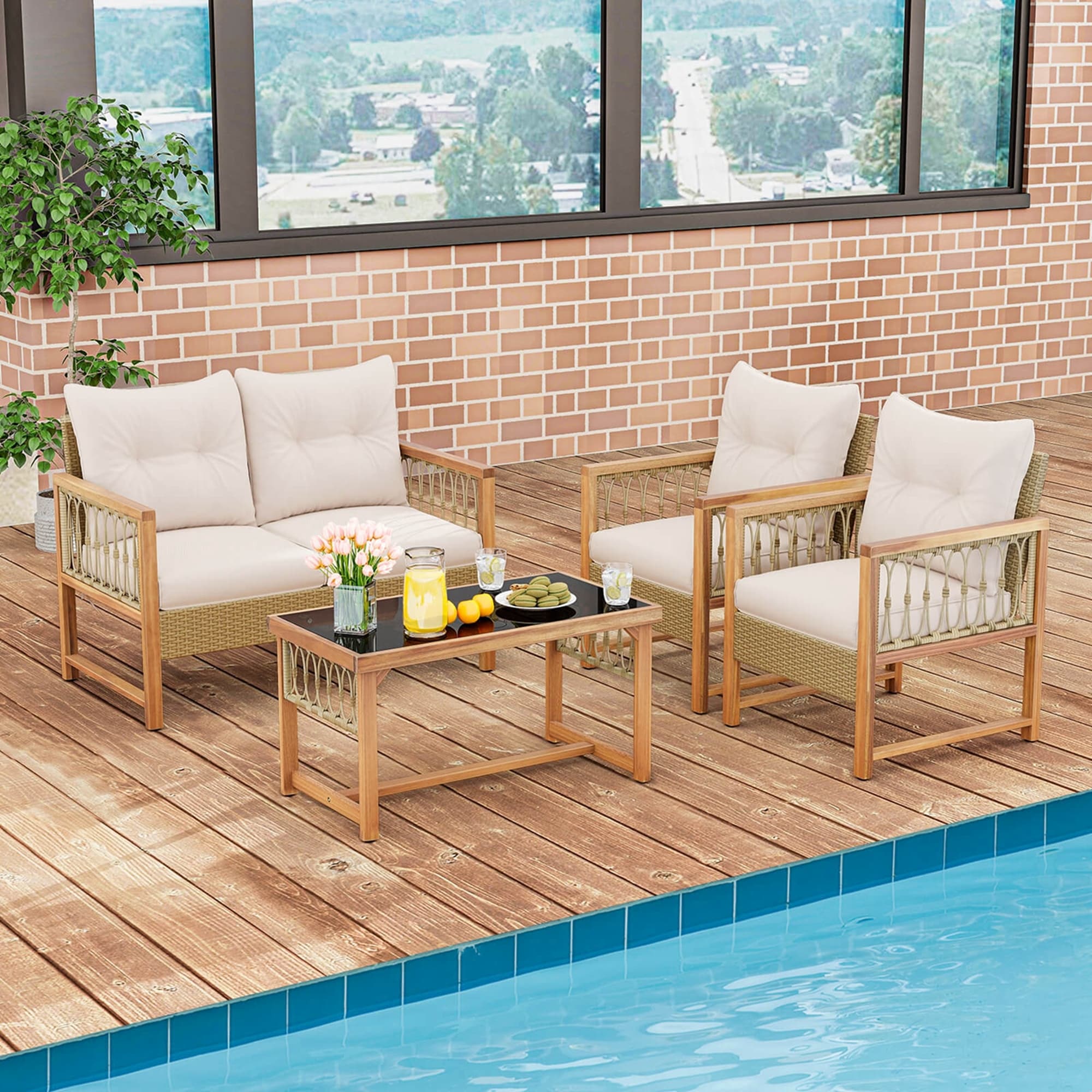 Costway 4 PCS Patio Furniture Set with Acacia Wood Frame Cushions and - See Details