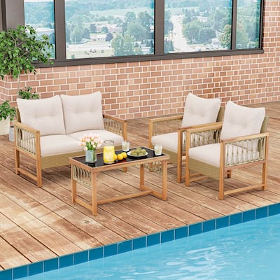 Costway 4 PCS Patio Furniture Set with Acacia Wood Frame Cushions and - See Details