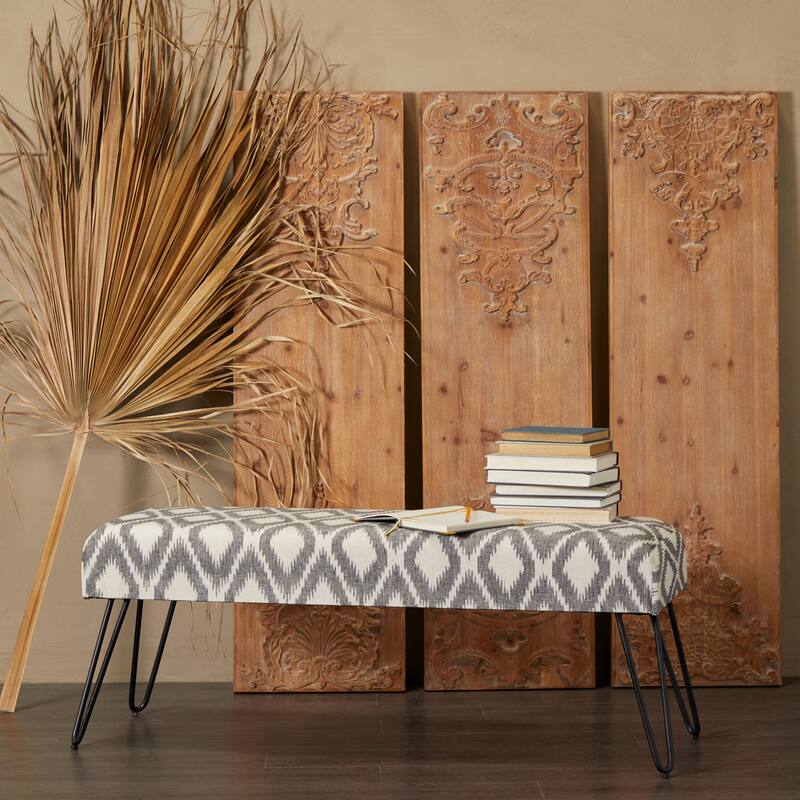 Metal Floral, Diamond or Tribal Bench with Metal Hairpin Legs - White, Gray or Multi Colored - Roche River Decor