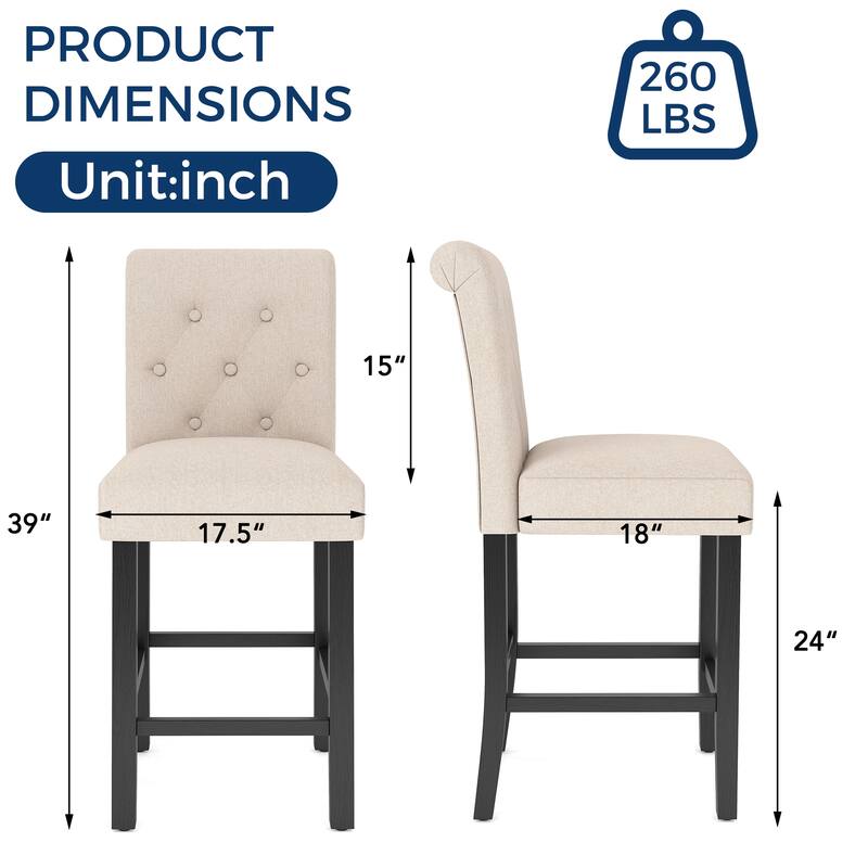 24 Inches Counter Height Bar Stools with Button Tufted Back Set of 2