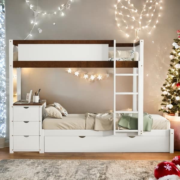 slide 2 of 55, Twin-over-Twin Bunk Bed with Twin size Trundle, Storage and Desk,Multifunctional Bunk Bed with Storage Walnut