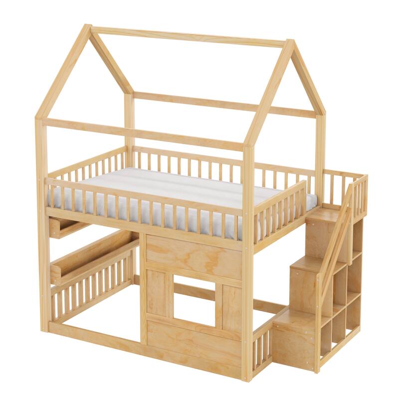 Full Size Wooden House Bed with Built-in LED Shelf Light, Fairytale Loft House-shaped Bed Frame for Children Kids Boys Girls