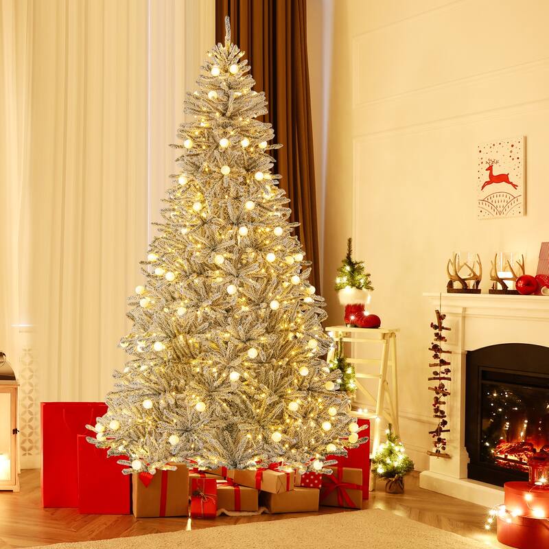 Snow Flocked Prelit Christmas Tree Green and White with LED and Frosted Sphere Lights Adjustable