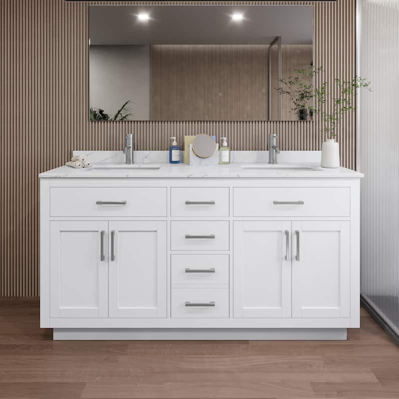 Wyndham Collection WCG262666D-QTZ-UNSMXX Beckett TK 66" Free Standing - White / Giotto Quartz Top / Brushed Nickel
