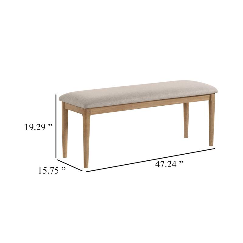 Aruk Dining Bench, 47 Inch Khaki Rectangular Fabric Seat, Brown Wood
