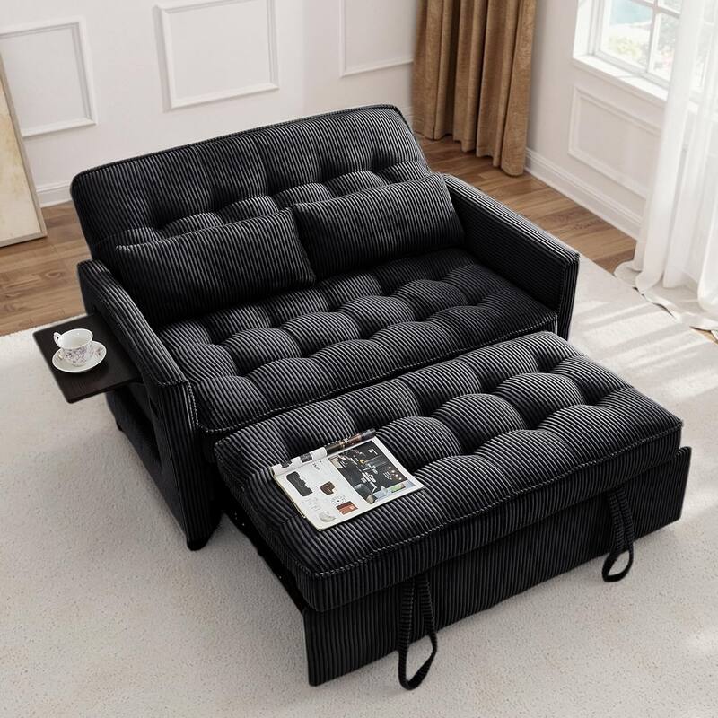 Sleeper Sofa Bed, 52" Convertible Pull Out Couch with Small Table,USB Port,Side Pockets,Corduroy Fabric,Adjustable Backrest - Black