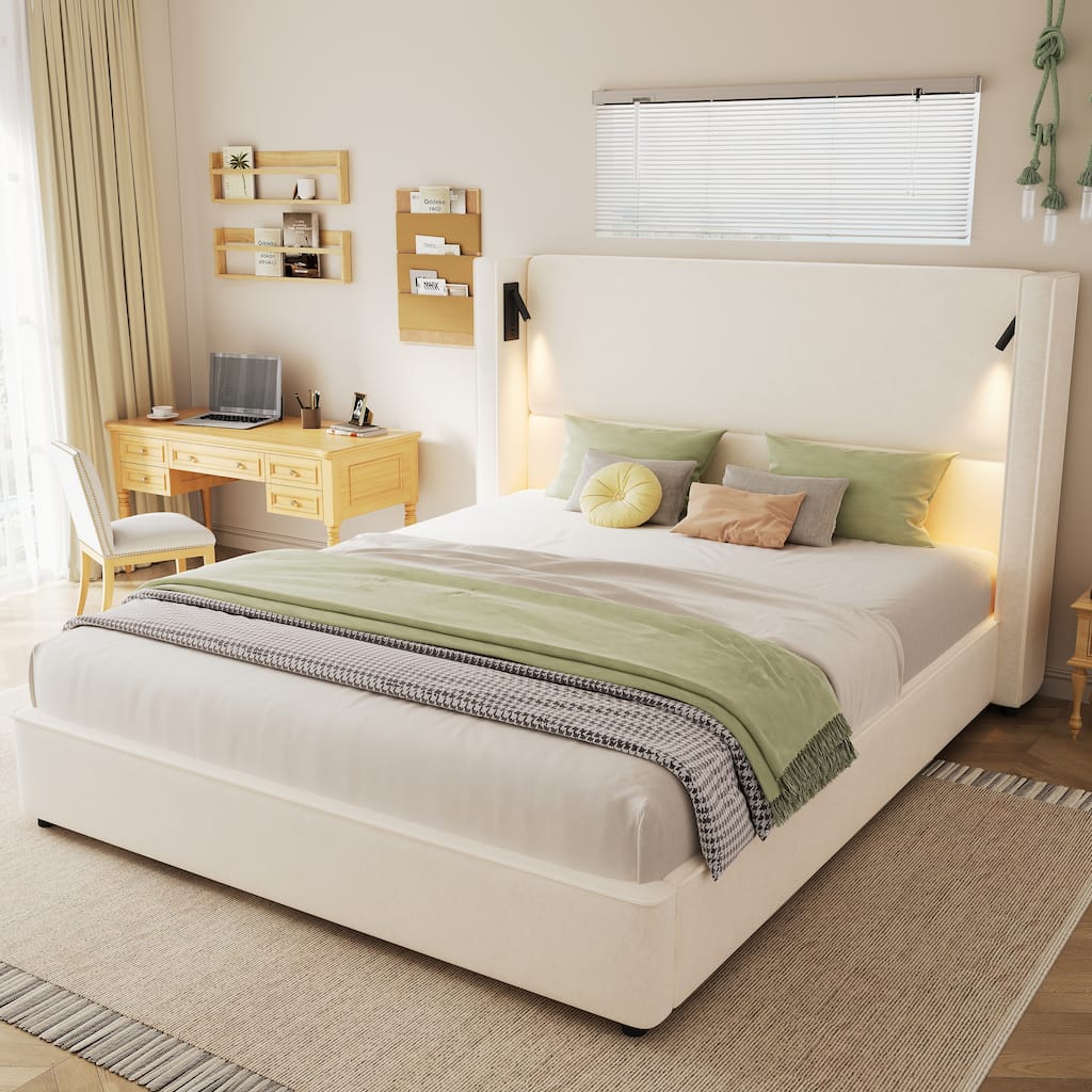 Beige Frame Upholstered Platform Wingback Bed Thick Corner High Headboard with 2 Sets of Wall Sconces, Center Metal Legs Support