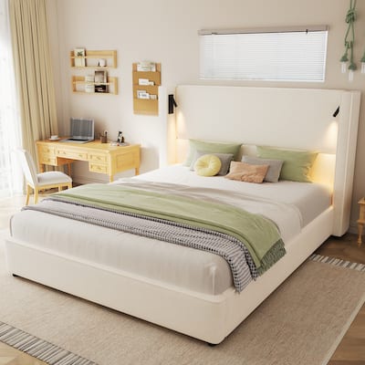 Beige Upholstered Bed Frame with High Wingback Headboard, Reading Lamp and USB Port, Low-Profile Platform Bed for Bedroom
