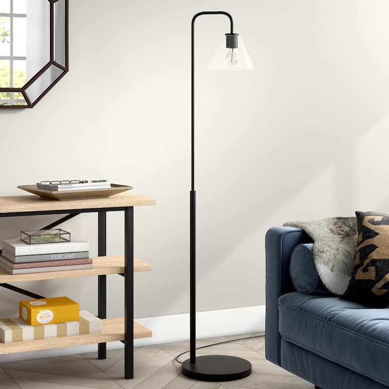 Black Metal Arc Floor Lamp with Clear Glass Shade, Smart Control - 12” x 12” x 62” (D x W x H)