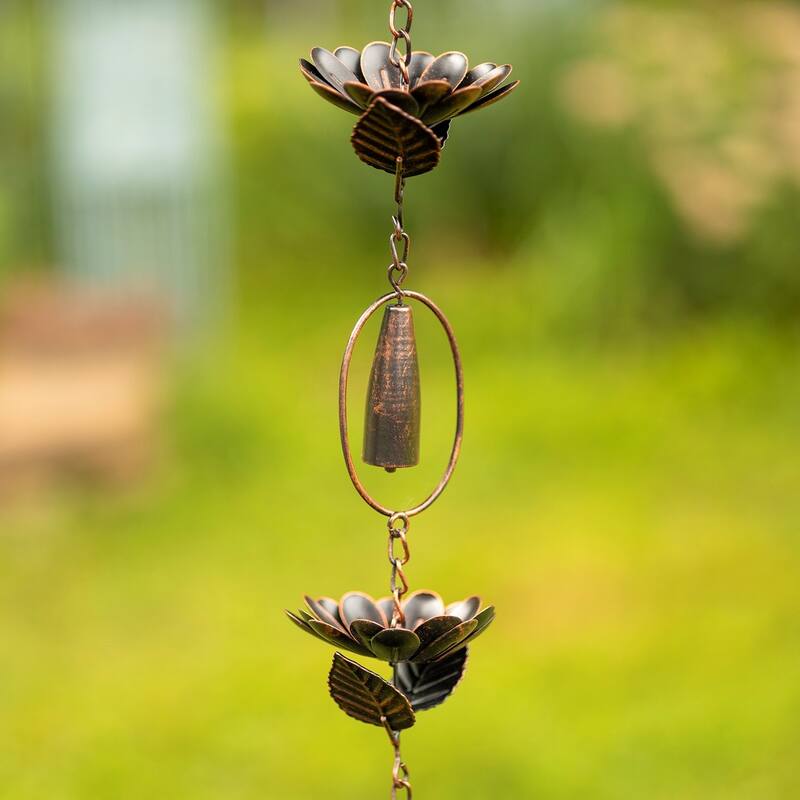 76" Long Iron Rain Chain with Peonies - Iron - Bronze