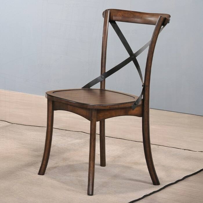 Charming Set of 2 Metal-Backed Side Chairs with Intricate Design for Dining - Black and Dark Oak - Set of 2