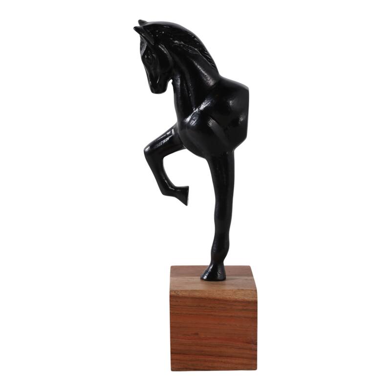Horse Figurine Sculpture on Wooden Stand Base - 12", Black & Brown - 12.0"