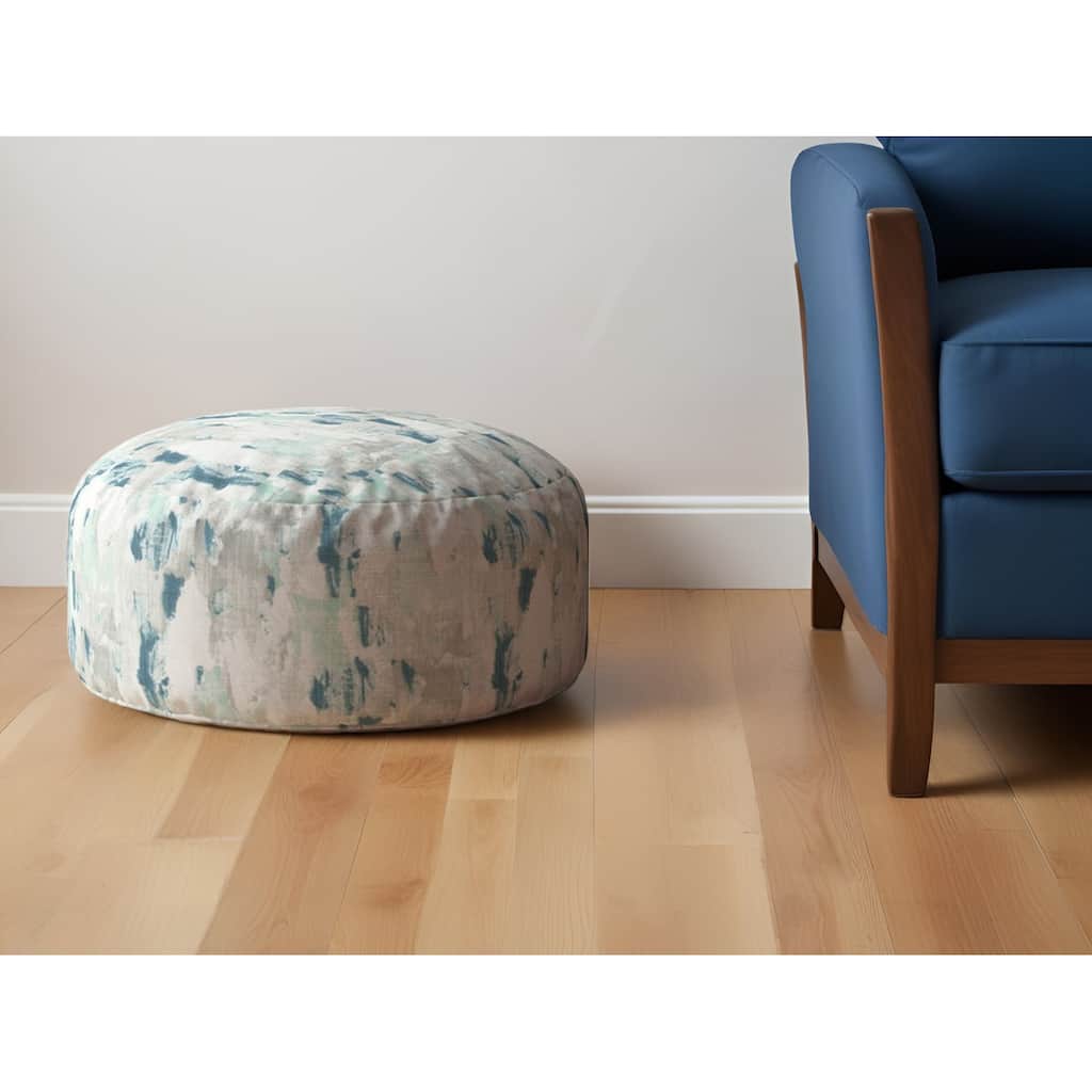 HomeRoots 24" Blue and White Canvas Round Abstract Pouf Ottoman