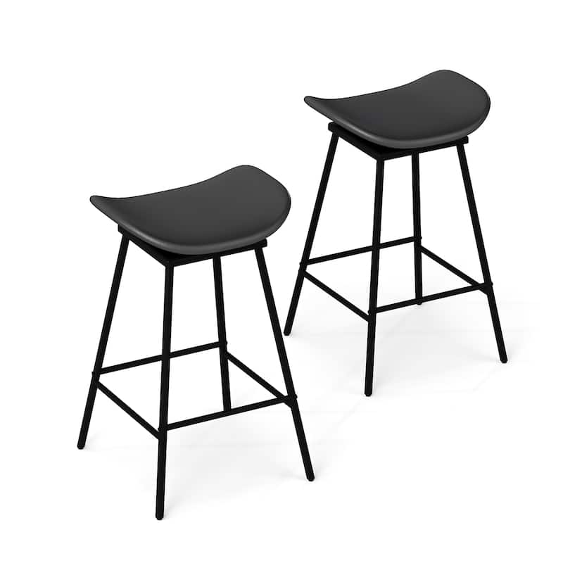 Backless Swivel Bar Stools with Saddle Faux Leather Seat 28 Inch Metal Frame Counter Height Chairs - 17" x 18" x 28" (L x W x H) - Black