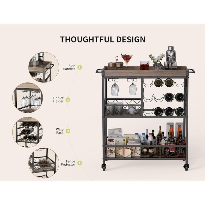 Bar Serving Cart, Bar Cabinet, Mobile Wine Cart with Lockable Wheels