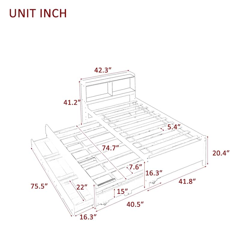 Twin Size Platform Bed Wood Frame Bed with Storage Headboard and Twin Trundle Bed, 2 Storage Drawers Design for Kids Teens