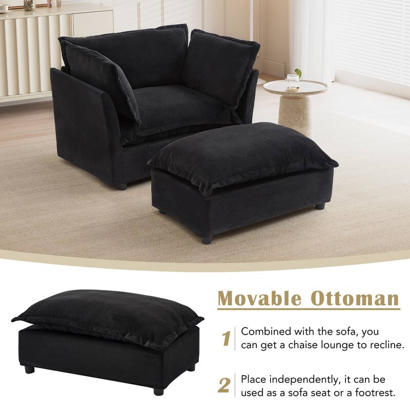 47" Upholstered Sofa Chair Accent Chair with Movable Ottoman, Oversized Chenille Single Sofa Armchair & Ottoman Sets