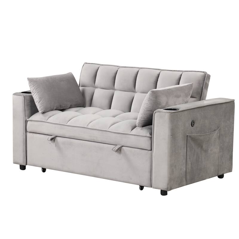 Loveseat Convertible Pull-out Sleeper Sofa Bed Adjustable Backrest Tufted Couch Futon Sofa w2 Pillows, USB Ports Pockets