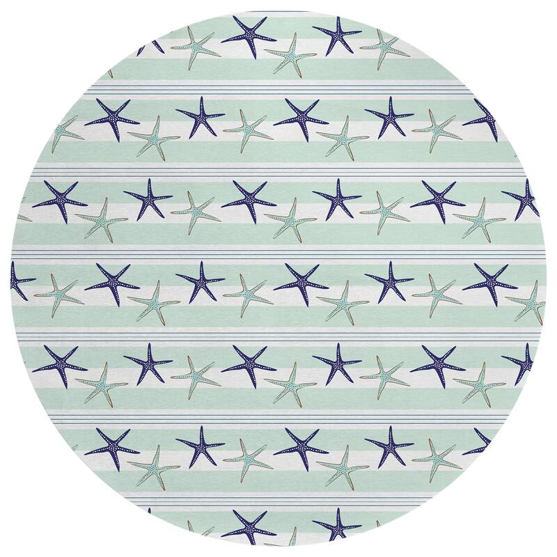 Indoor/ Outdoor Surfside Starfish Stripes Washable Rug New - Seaglass - 8' x 8'